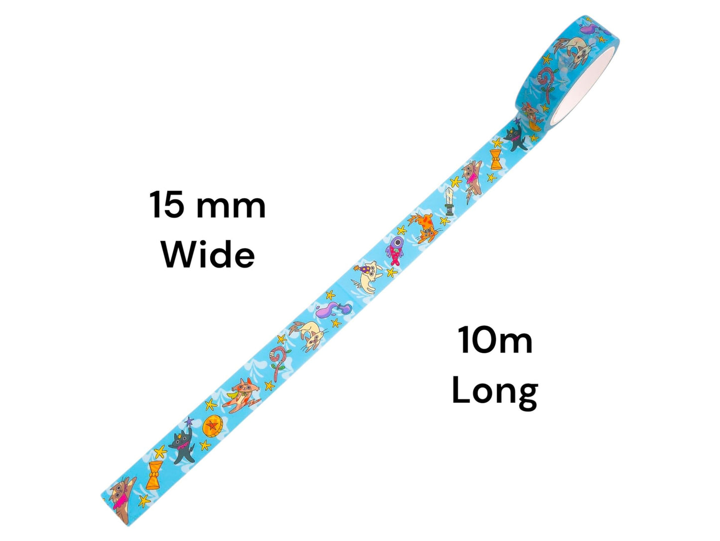 Cat Parade Washi Tape, 15mm wide, Cute Magical Cat Designs for Journaling, Scrapbooking, and Crafting