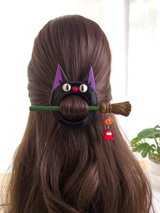 Black Cat Hair Clip – Witchy Bun Pin with Broom & Bread | Ghibli Cosplay Hair Accessory