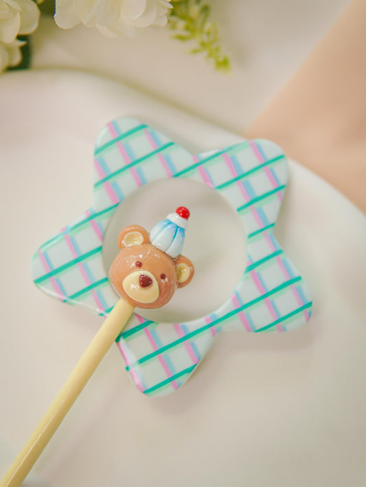 Kawaii Star Hair Stick – Handmade Pastel Checkered Bun Pin with Ice Cream Bear Charm