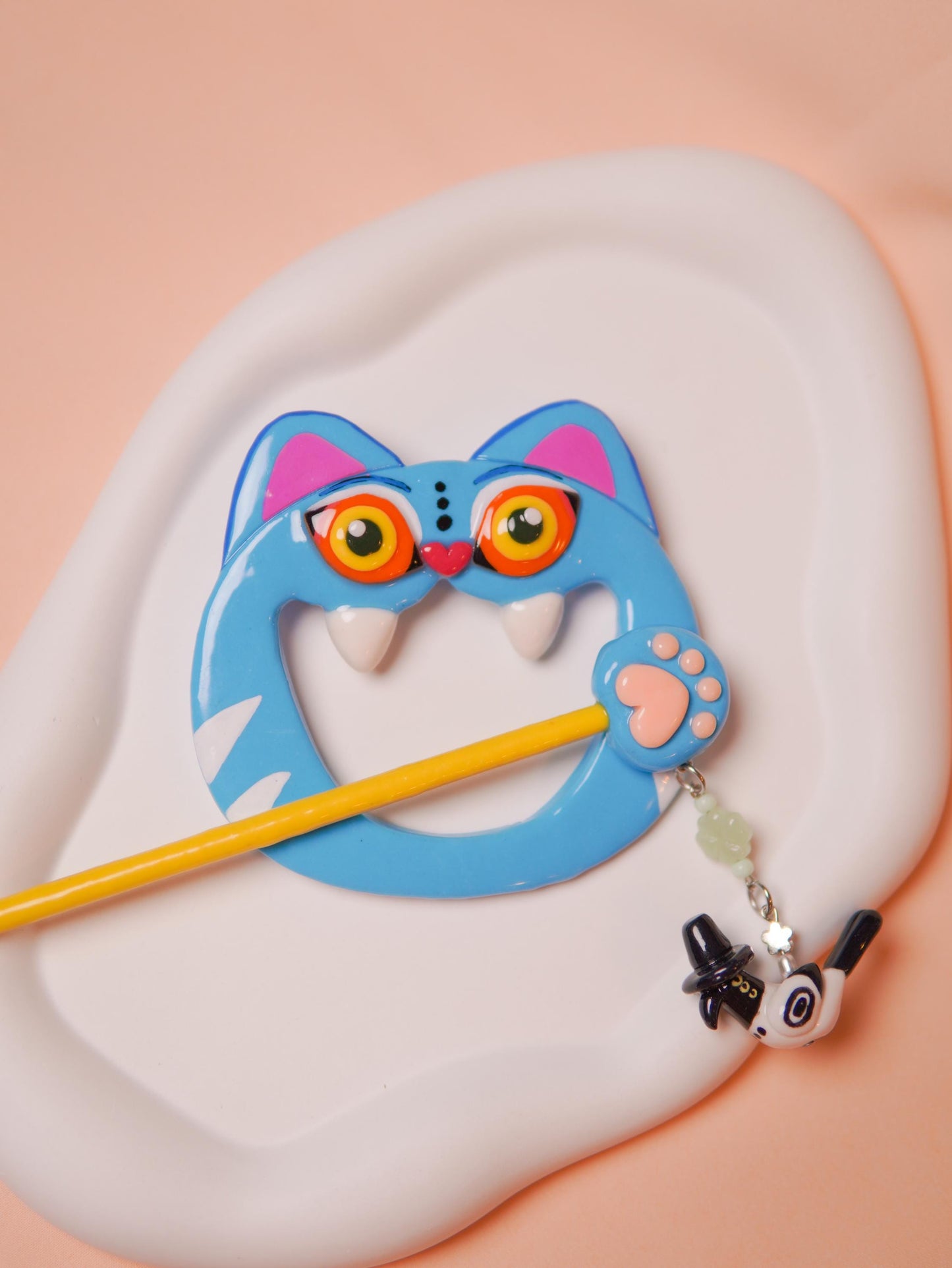 Pre-order | derpy tiger Hair Pin with Witch Bird Charm – Handmade Polymer Clay Hair Accessory