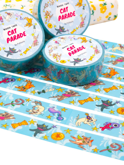 Cat Parade Washi Tape, 15mm wide, Cute Magical Cat Designs for Journaling, Scrapbooking, and Crafting