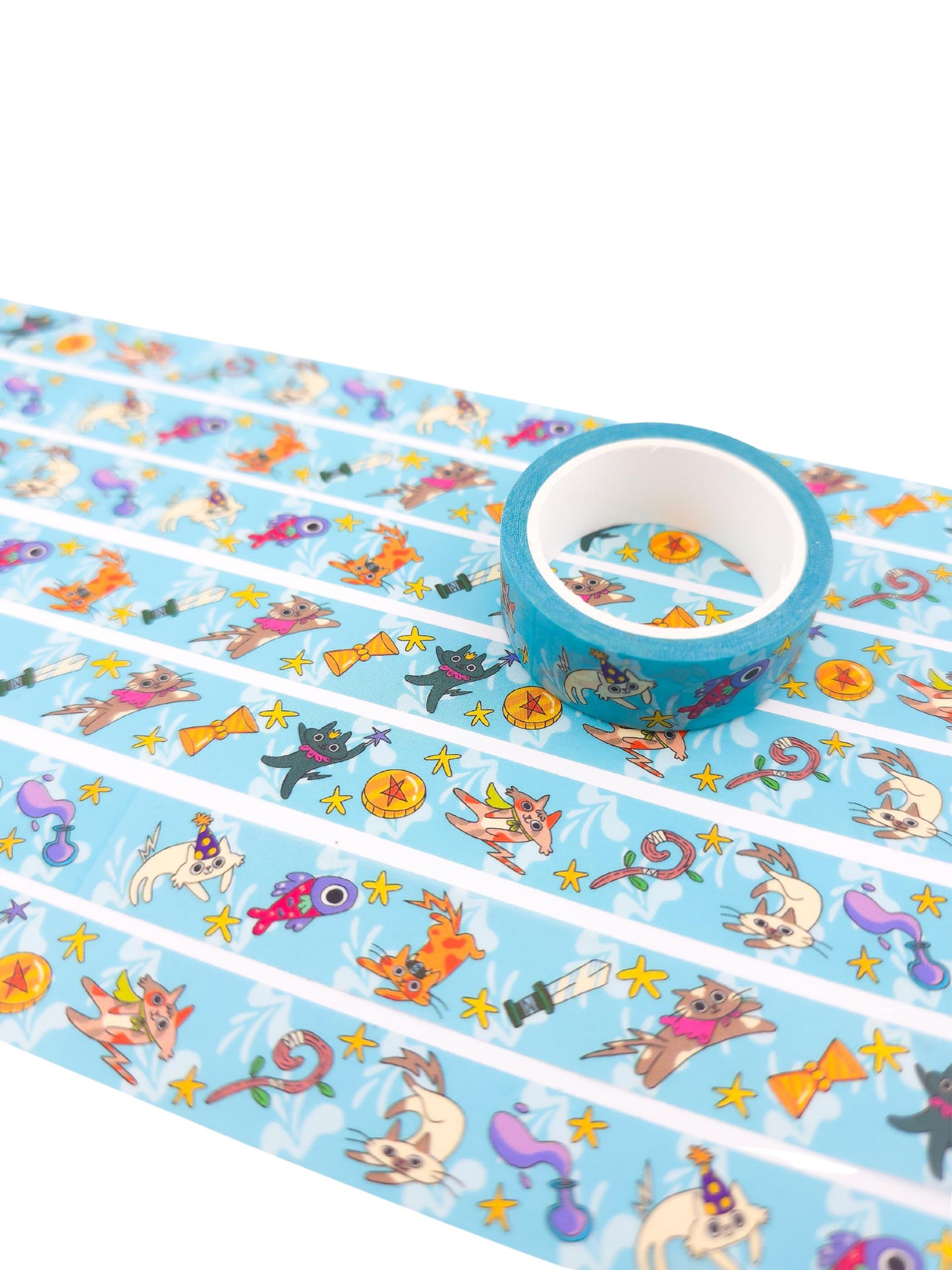 Cat Parade Washi Tape, 15mm wide, Cute Magical Cat Designs for Journaling, Scrapbooking, and Crafting