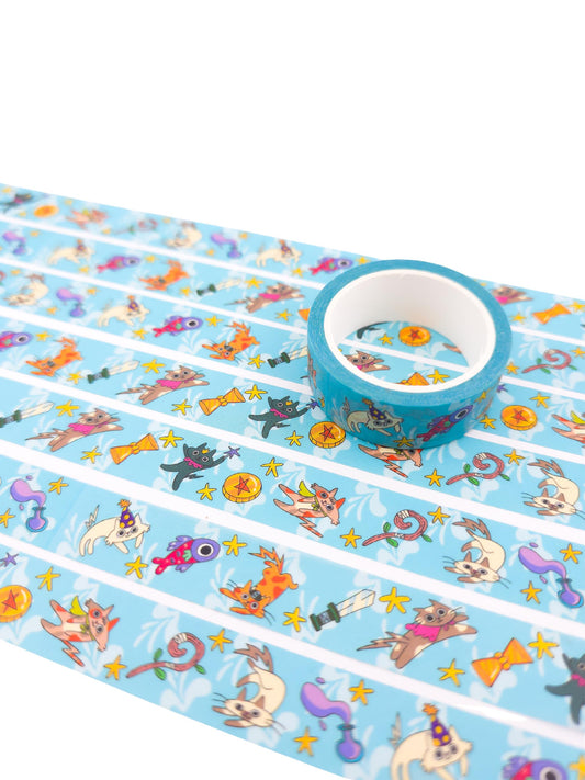 Cat Parade Washi Tape, 15mm wide, Cute Magical Cat Designs for Journaling, Scrapbooking, and Crafting