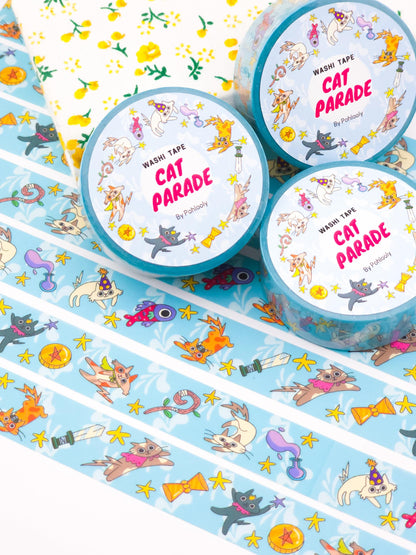 Cat Parade Washi Tape, 15mm wide, Cute Magical Cat Designs for Journaling, Scrapbooking, and Crafting