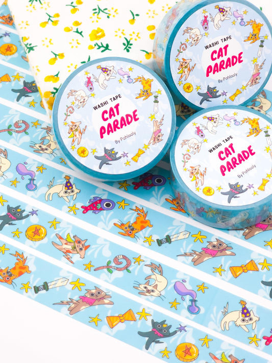 Cat Parade Washi Tape, 15mm wide, Cute Magical Cat Designs for Journaling, Scrapbooking, and Crafting