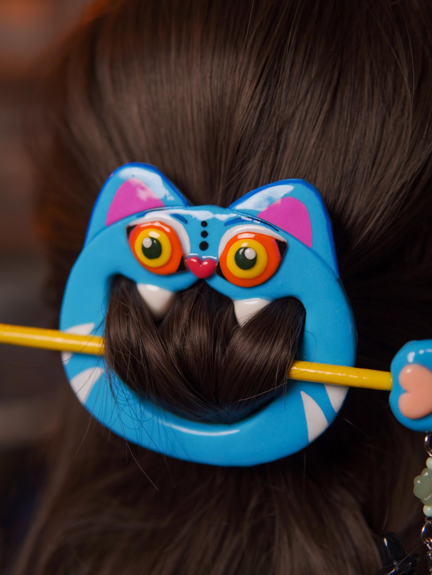 Pre-order | derpy tiger Hair Pin with Witch Bird Charm – Handmade Polymer Clay Hair Accessory