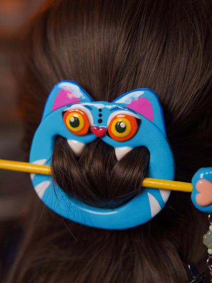 Pre-order | derpy tiger Hair Pin with Witch Bird Charm – Handmade Polymer Clay Hair Accessory