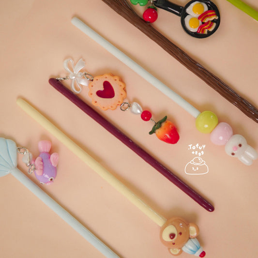 Handmade Polymer Clay Hair Stick with Decorative Top and Charm – Lightweight Hair Accessory