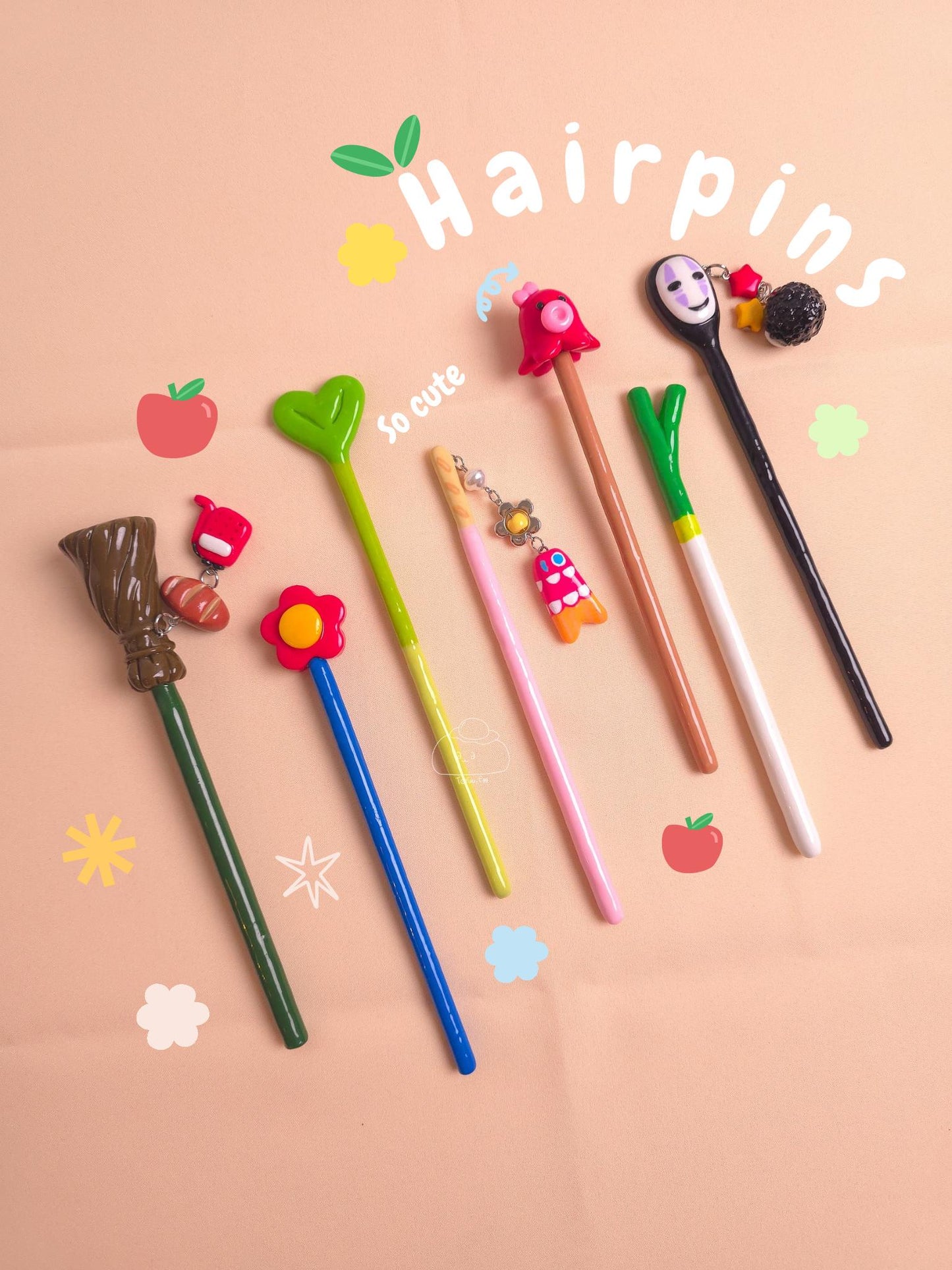 Handmade Polymer Clay Hair Stick with Decorative Top and Charm – Lightweight Hair Accessory
