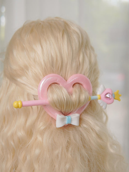 Fairycore Heart Hair Stick – Pastel Wand Bun Pin, Handmade Kawaii Accessory
