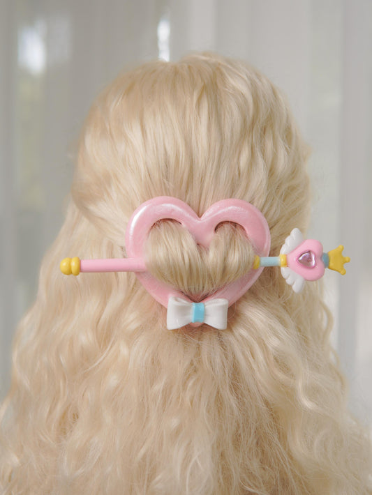 Fairycore Heart Hair Stick – Pastel Wand Bun Pin, Handmade Kawaii Accessory