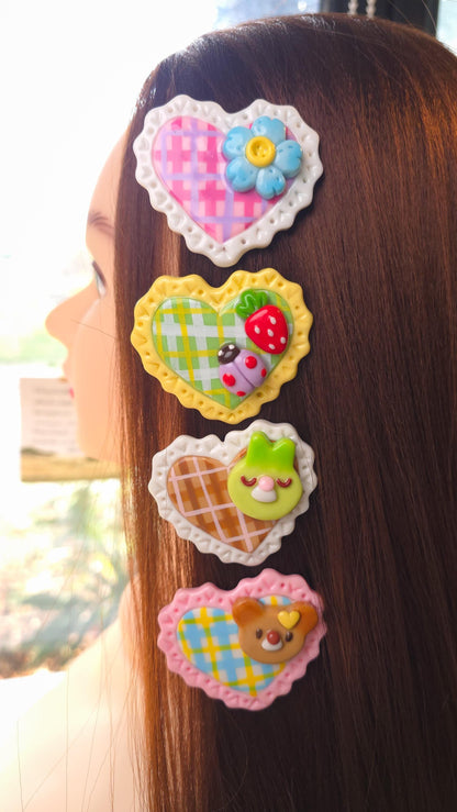 Handmade Decoden Heart Hair Clips, Y2K Pastel Animal Fruit Accessories