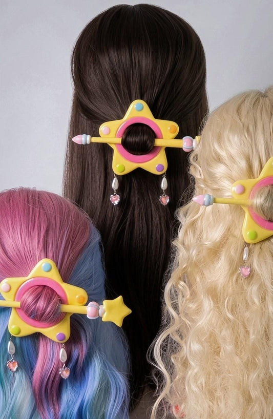 Pastel Star Hair Slide with Stick, Magical Girl Anime Hair Cage, Y2K Harajuku Hairpin