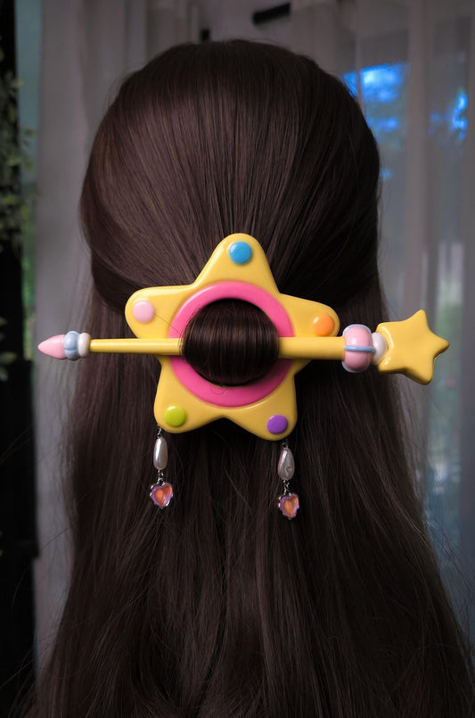 Pastel Star Hair Slide with Stick, Magical Girl Anime Hair Cage, Y2K Harajuku Hairpin